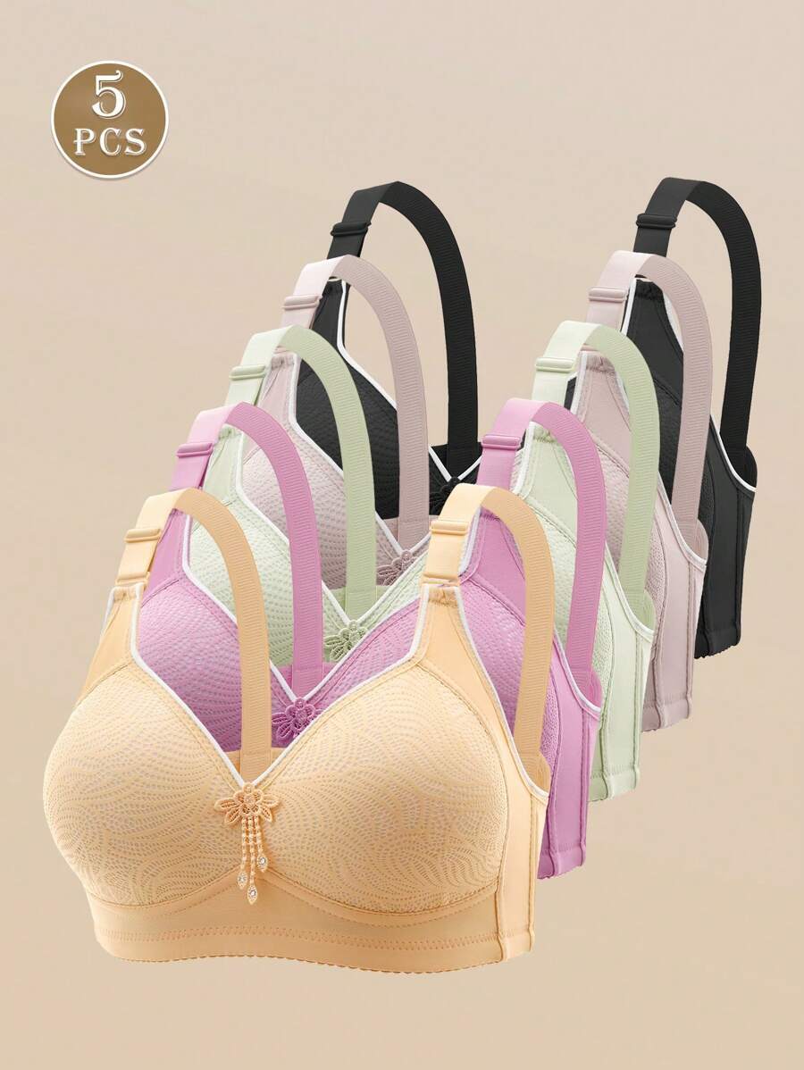 インティメート ブラジャー 5枚入り 脇高 プリント付き アジャスター付きノンワイヤー ブラジャー (女性用)拍卖