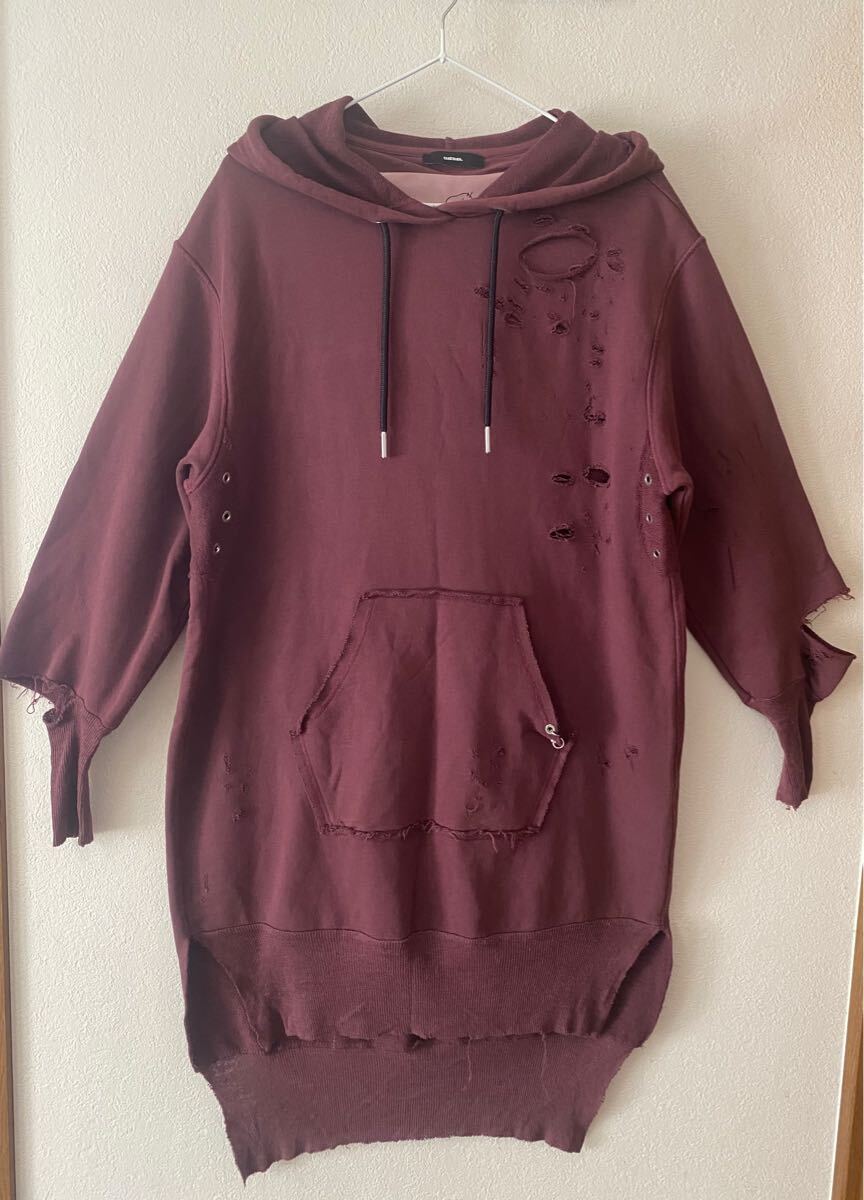 DIESEL BRAVE ダメージ加工 フーディー ワンピース スウェット 長袖 膝丈 バーガンディ 拍卖