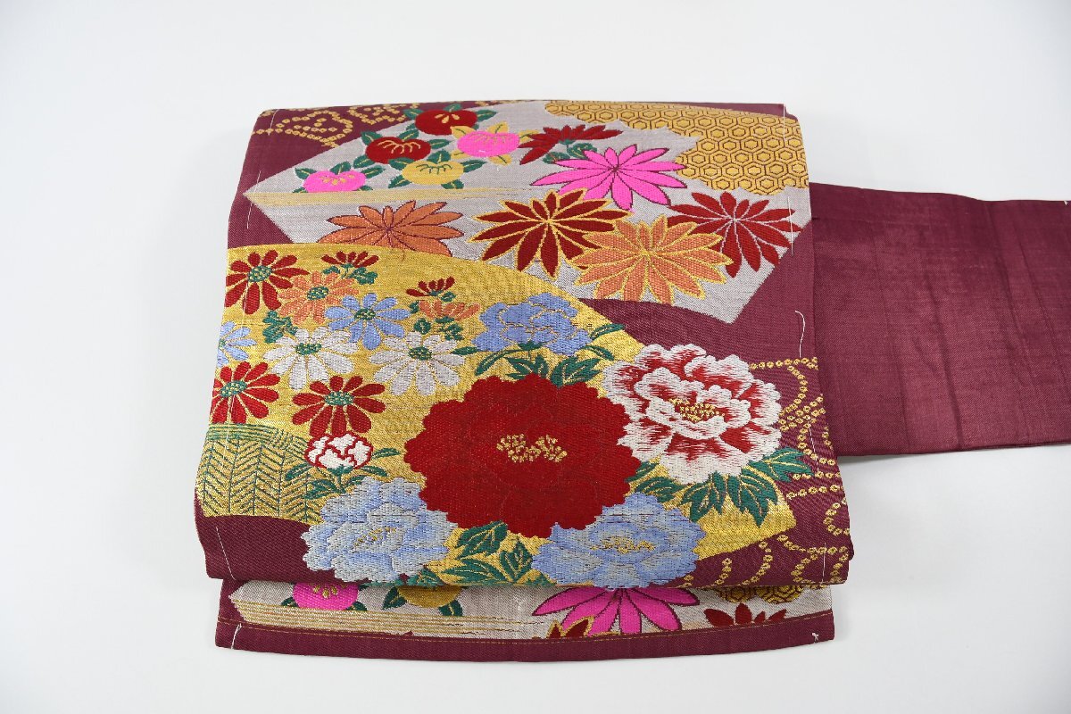 名古屋帯 アンティーク 扇面 花 秋草文 帯丈324cm ★着物屋 ne-12581 桜庭呉服店拍卖