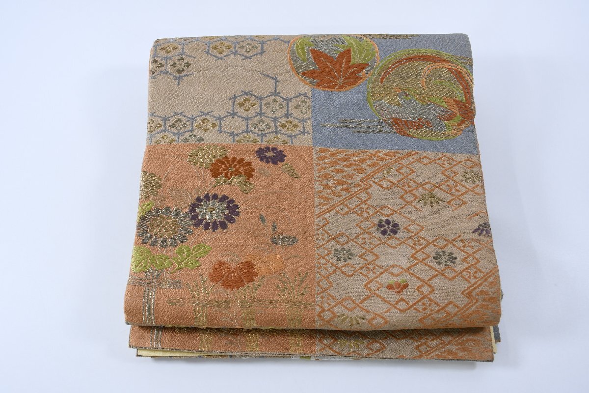 袋名古屋帯 アンティーク 市松模様 花 丸文 帯丈358cm ★着物屋 ne-12626 桜庭呉服店拍卖
