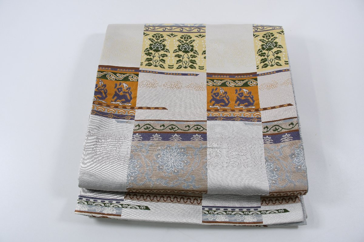 袋名古屋帯 全通柄 市松模様 花 兎 帯丈394cm ★着物屋 ne-12679 桜庭呉服店拍卖