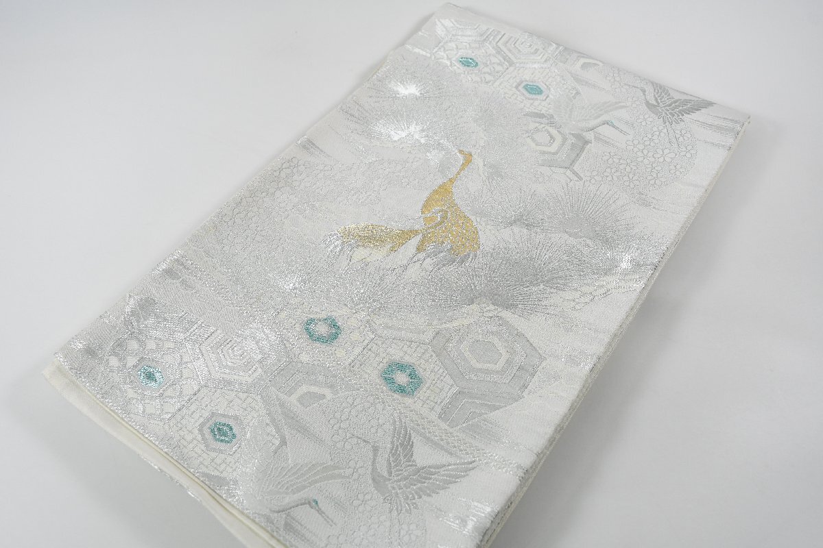 袋名古屋帯 未仕立て 六通柄 鶴 亀甲 銀糸 化繊 帯丈406cm ★着物屋 ne-12682 桜庭呉服店拍卖