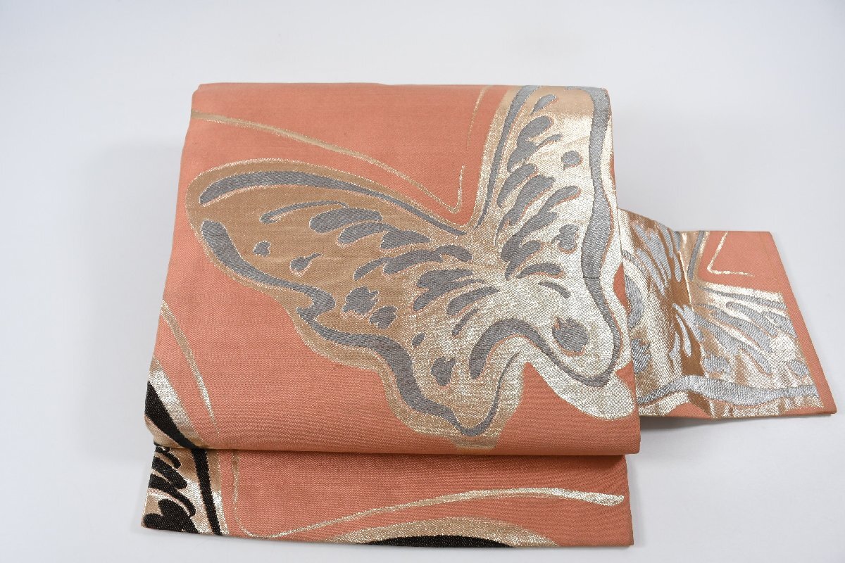 名古屋帯 アンティーク 蝶々 銀糸 帯丈358cm ★着物屋 ne-12890 桜庭呉服店拍卖