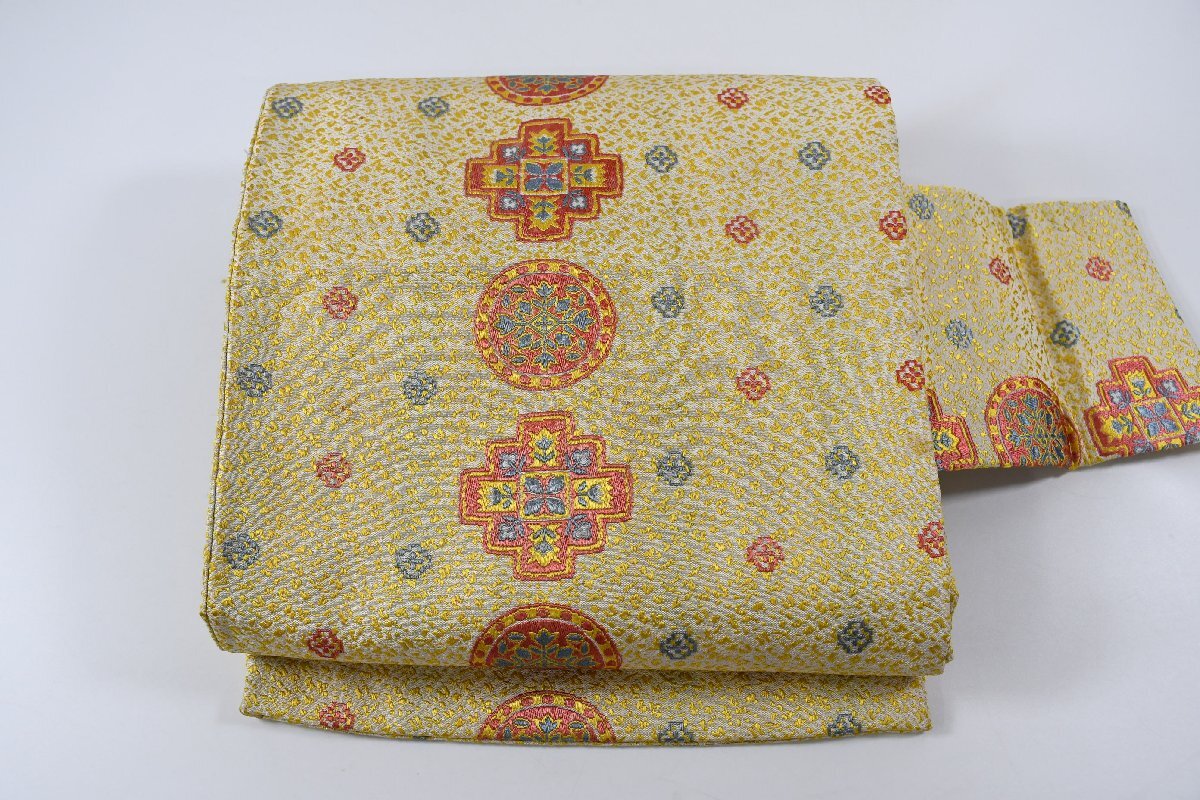 名古屋帯 アンティーク 幾何学模様 花 帯丈325cm ★着物屋 ne-12901 桜庭呉服店拍卖