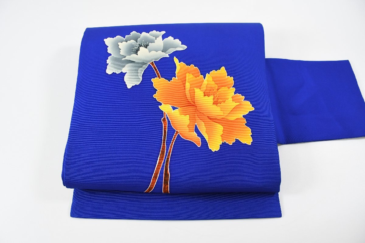 名古屋帯 塩瀬 薔薇 バラ 青 花 帯丈360cm ★着物屋 ne-12907 桜庭呉服店拍卖