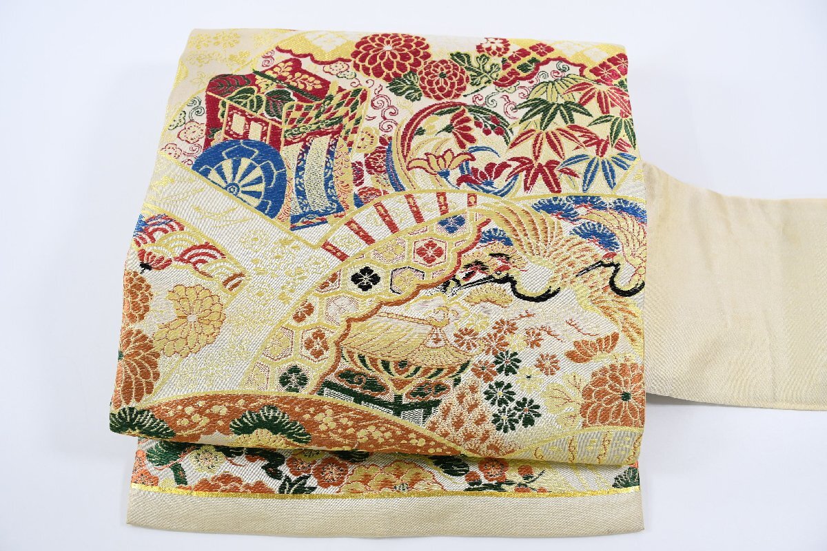 名古屋帯 アンティーク 花 御所車 帯丈346cm ★着物屋 ne-13007 桜庭呉服店拍卖