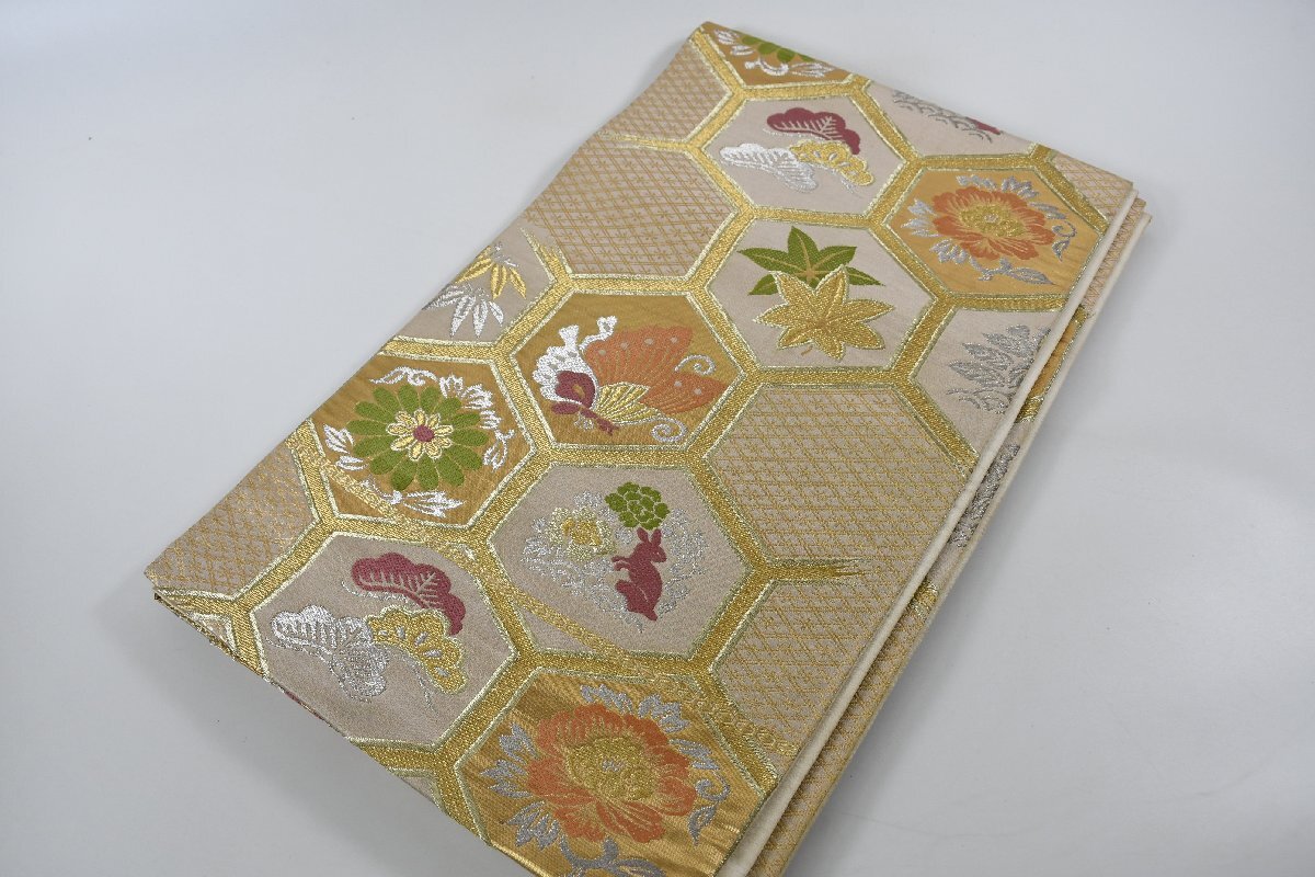 袋名古屋帯 六通柄 亀甲 兎 花 帯丈414cm ★着物屋 ne-13129 桜庭呉服店拍卖