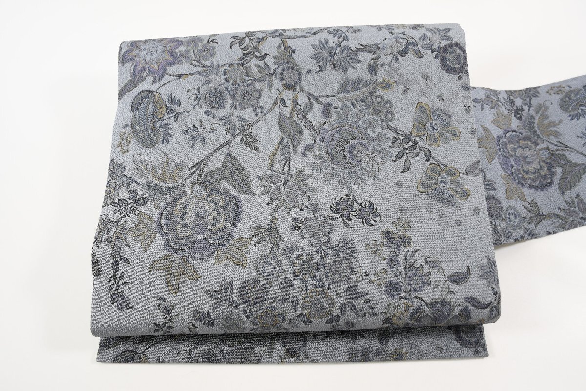 名古屋帯 縮緬 唐花文様 柘榴 葉 帯丈372cm ★着物屋 ne-13207 桜庭呉服店拍卖