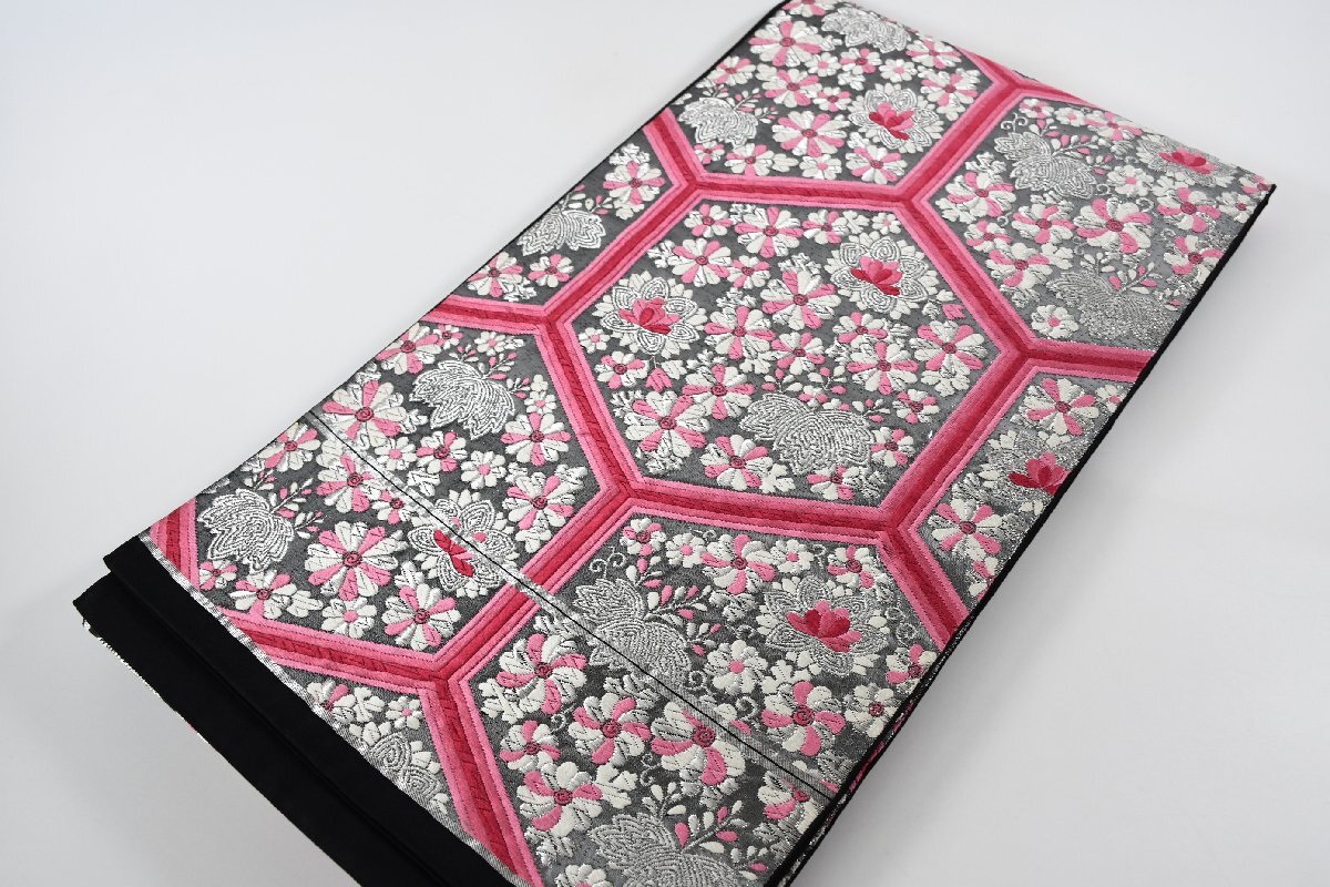 袋帯 六通柄 亀甲 秋草 銀糸 帯丈426cm ★着物屋 ne-13210 桜庭呉服店拍卖