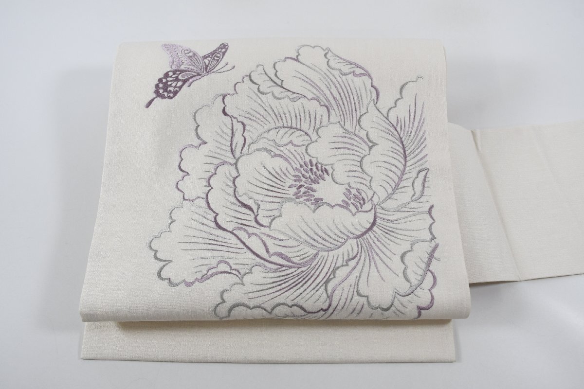 名古屋帯 くるり 刺繍 牡丹 蝶々 帯丈366cm ★着物屋 ne-13213 桜庭呉服店拍卖