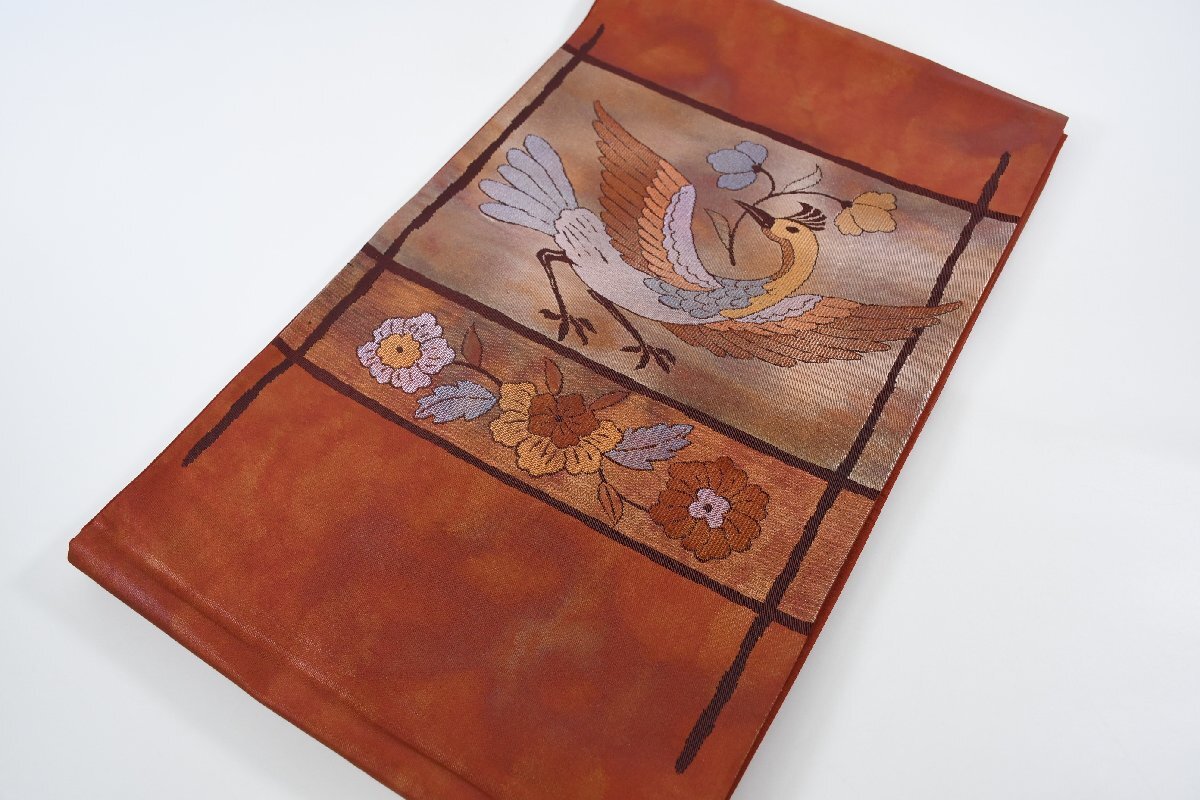 袋帯 唐鳥小花文 錦 二重箔織 鳥 お太鼓柄 花 帯丈426cm ★着物屋 ne-13237 桜庭呉服店拍卖