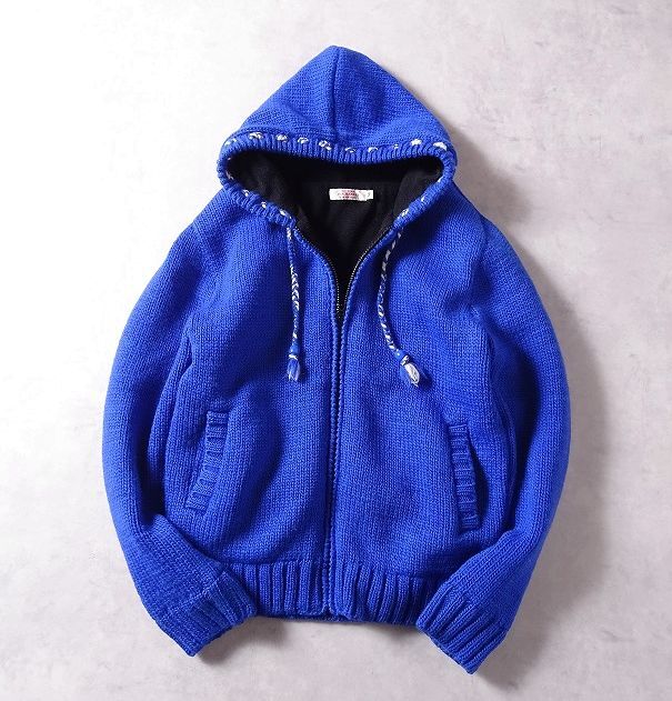 HRM ハリウッドランチマーケット ウール100% フルジップ ニット パーカー ネパール製 裏フリース セーター メンズ (M) ブルー ●r-407拍卖