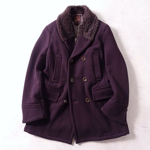 TAKEO KIKUCHI タケオキクチ ショールカラー ピーコート Pコート 襟ボア ウール ジャケット 本切羽 メンズ (2) ダークパープル ●r-308拍卖