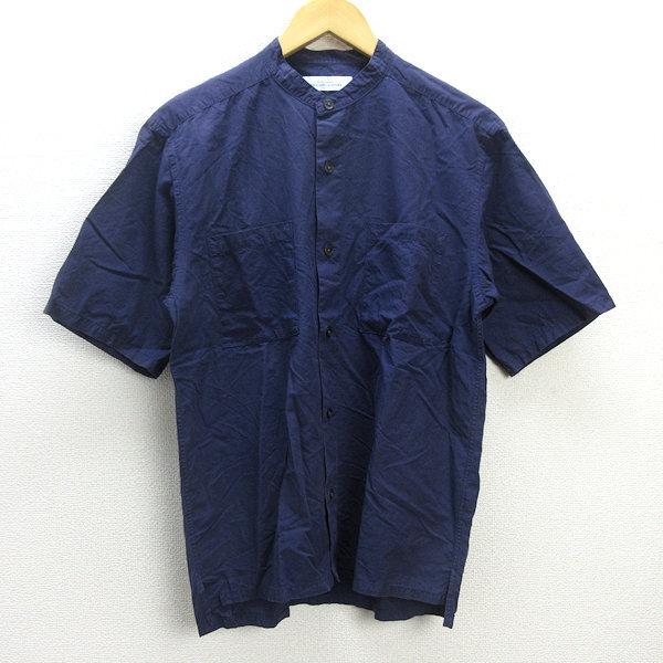 C■ ユナイテッドアローズ/Green Label RELAXING 無地 半袖 襟なし/ノーカラーシャツ【S】紺/MENS■86【中古】拍卖