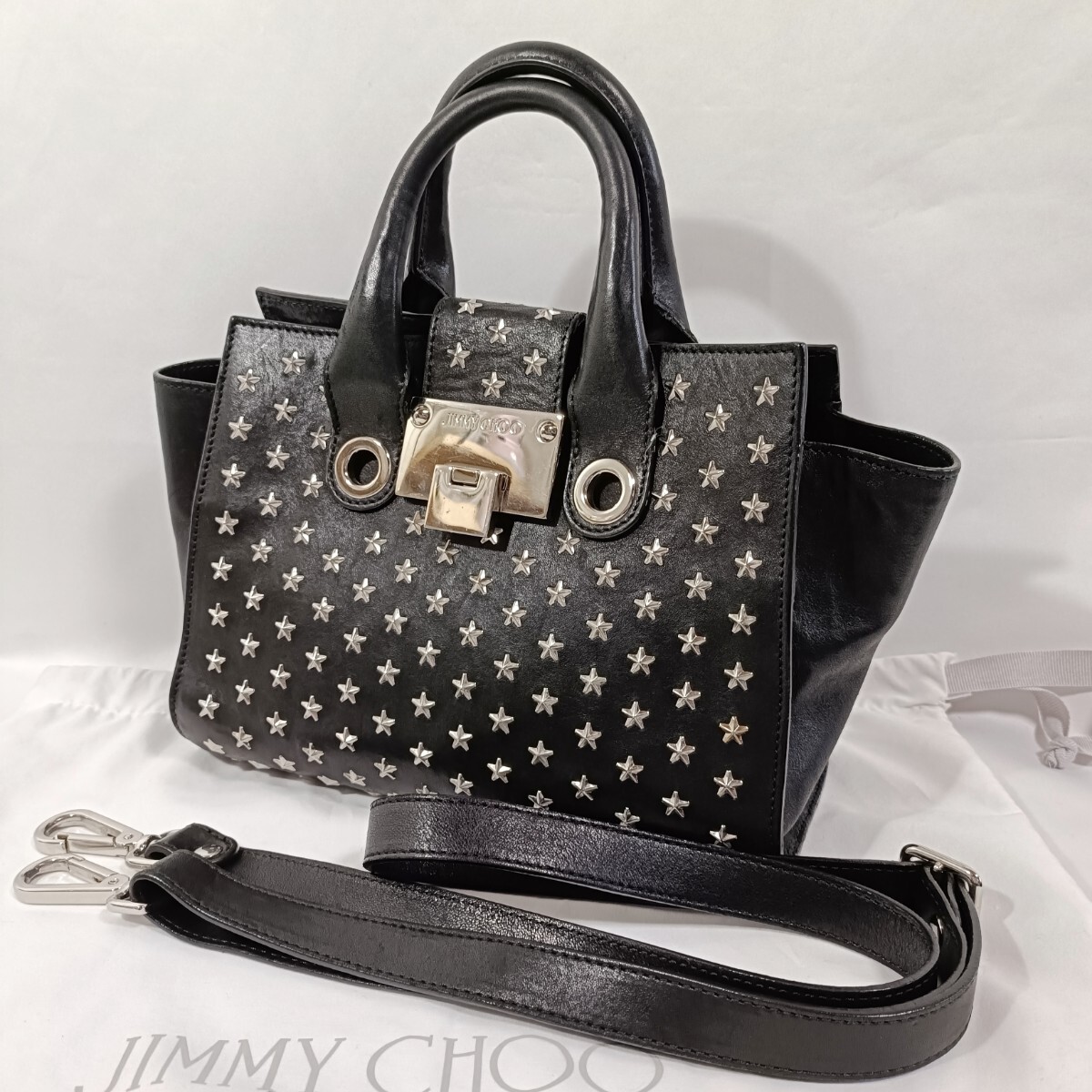 【美品】 正規品 ジミーチュウ ライリー ハンドバッグ 2way ショルダー付き 黒 ブラック スタッズ レザー 革 ショルダーバッグ 斜め掛け拍卖