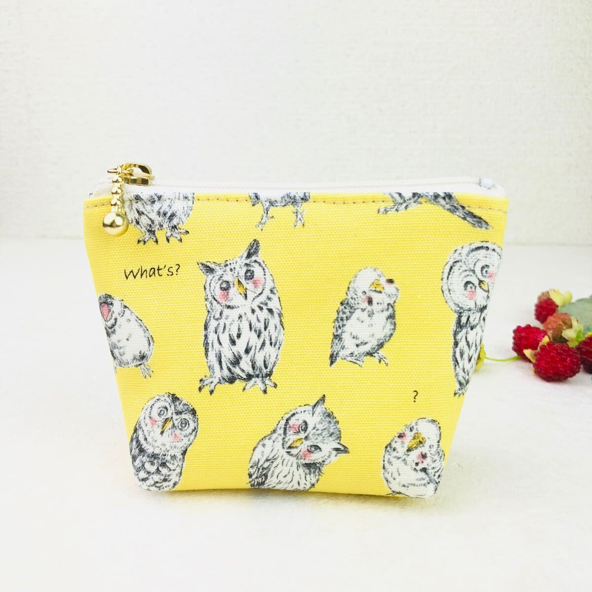 ふくろうさんのミニポーチ 手のひらサイズ ハンドメイド マチありポーチ コインケース 小物入れ フクロウ拍卖