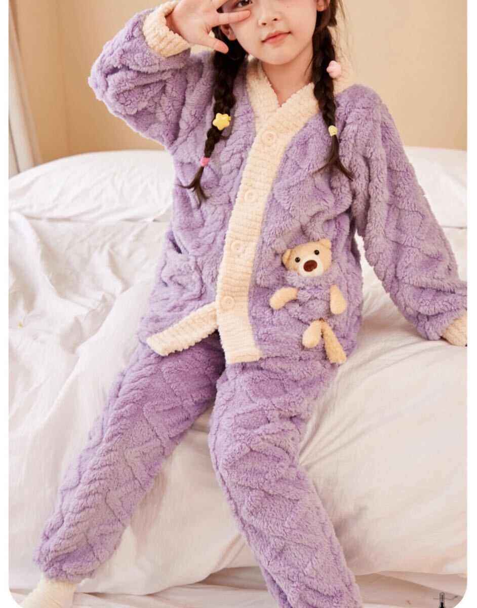 子供 フリース モコモコ 柔らかいパジャマ クマポケット付き 紫色 160/Lサイズ拍卖