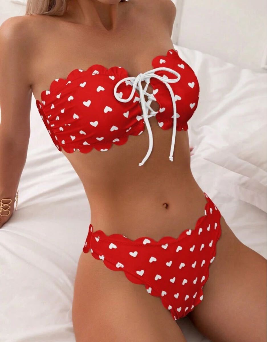 赤ハート水着 チューブトップ ビキニ セクシー 個性派 派手 エロい レトロ かわいい キュート ラブリー 谷間スイムウェア レッド拍卖
