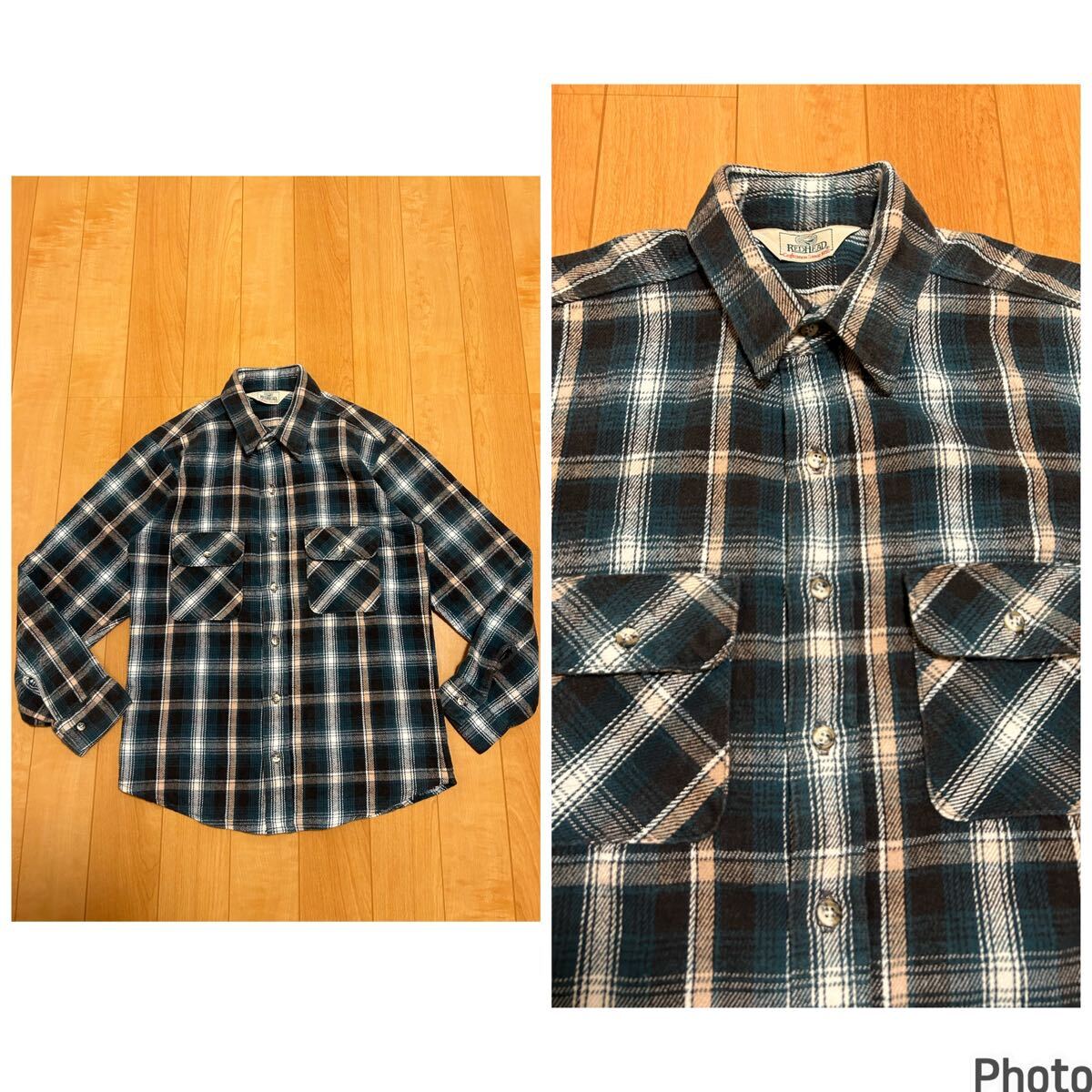 良品☆USA製/80s-90s RED HEAD 日本サイズL並 長袖ヘヴィネルシャツ 好配色!緑黒白 オンブレ調チェック柄 オリジナルビンテージ襟芯入!拍卖