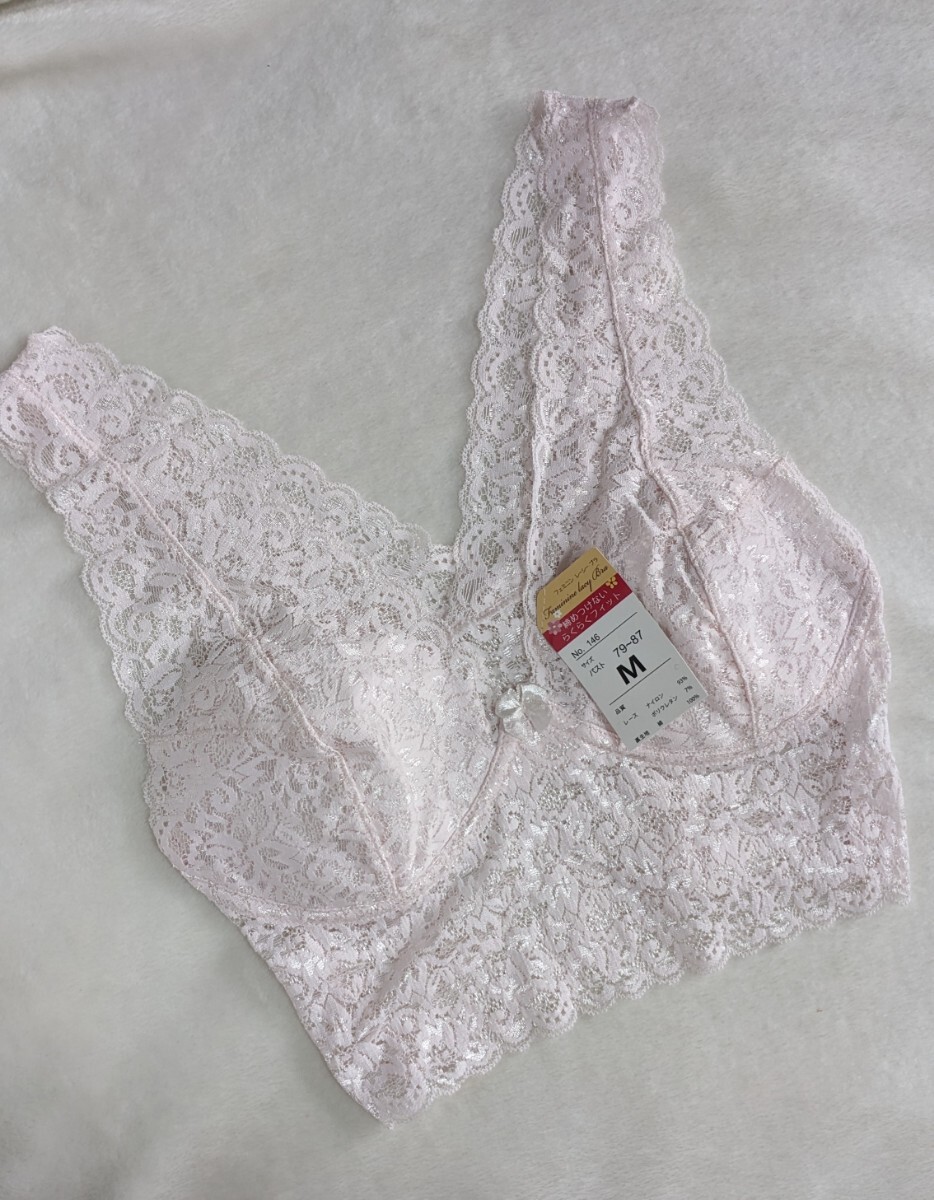 普段使いに☆ノンワイヤーブラM☆未使用☆優しいつけ心地☆ピンク☆総レース☆☆☆匿名配送可☆タグあり☆拍卖
