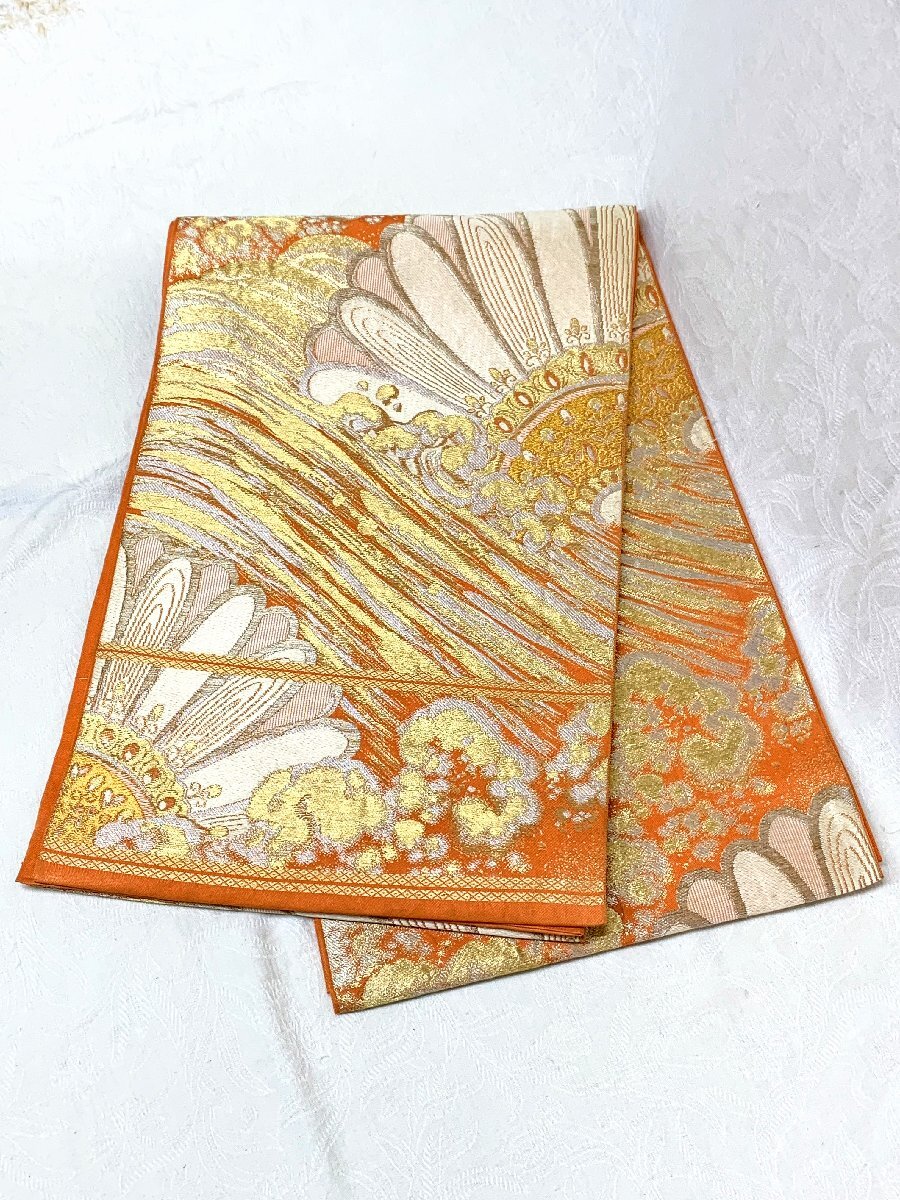 1151B/アンティーク 袋帯 名古屋帯 オレンジ地 金花 正絹 京和装 リメイク 着物コーデ 昭和レトロ 大正ロマン 逸品拍卖