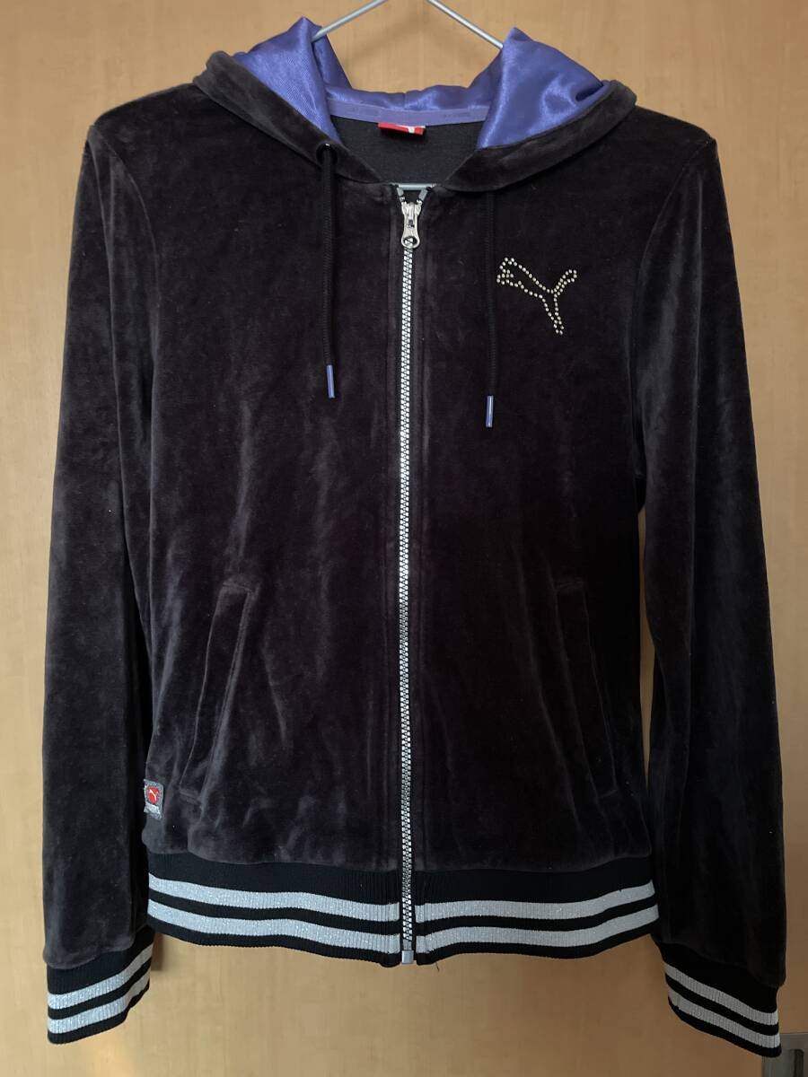 PUMA プーマ M フード付きベロアジャケット ラインストーン ラメ ブラック/パープル 黒/紫 ジップアップパーカー ジャージ 即決拍卖