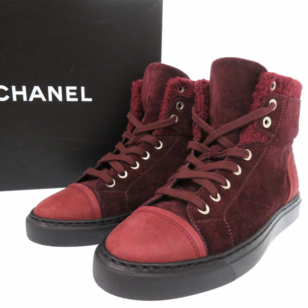 新品同様 シャネル CCマーク ココマーク 15A ハイカット スエード 23.5-24cm 8ホール G31058 スニーカー ボルドー 1044 CHANEL拍卖