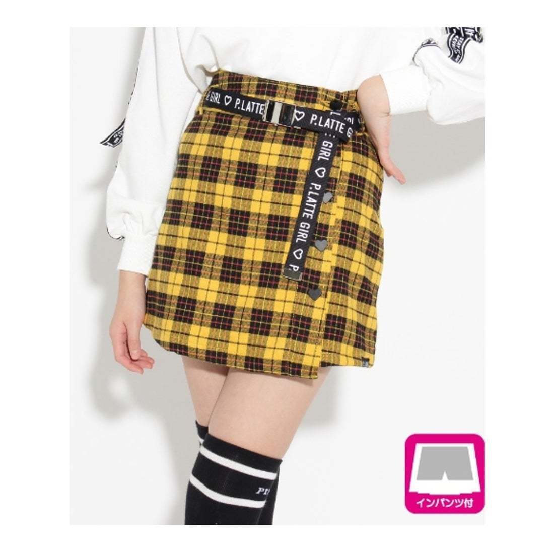 新品 PINK-latte ニコラ掲載ベルト付ハートボタン スカート イエロー(チェック) 16(S160cm) 定価4290円拍卖