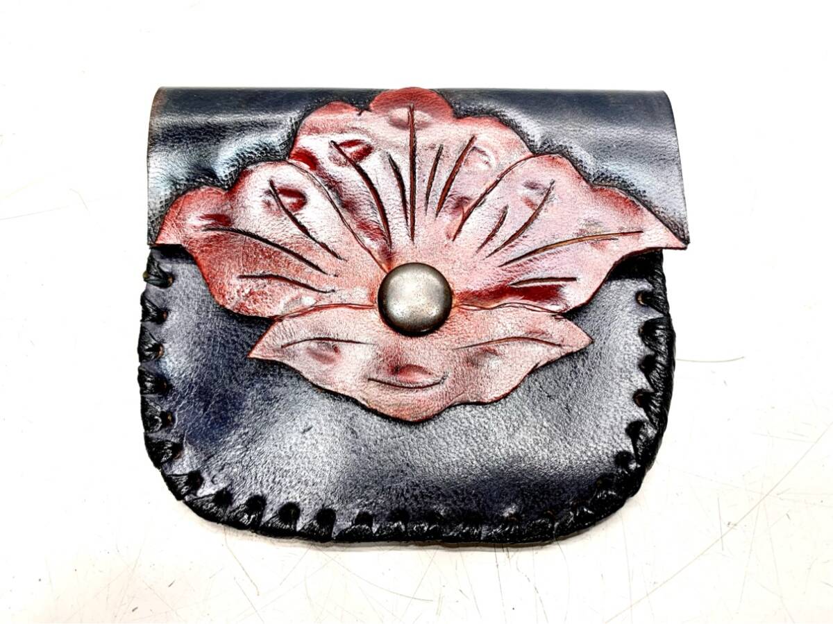 レザーカービング 財布 コインケース コンパクト レザークラフト 工芸品 花柄 フラワー ヴィンテージ A8254A00拍卖