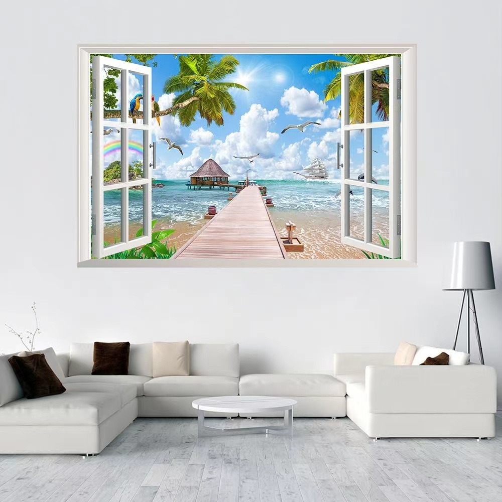 ウォールステッカー YFC008 3D窓 海 砂浜 ヤシ 癒す DIY 壁紙 インテリアシート 剥がせるシール 送料無料拍卖