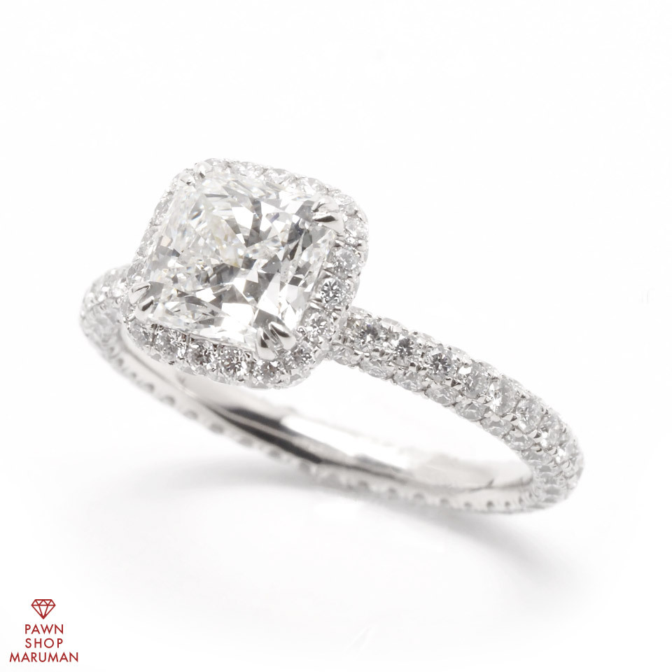 クッション モディファイド ブリリアントカット ダイヤリング Pt950 1.288ct 1.15ct #4.5 プラチナ 4.5号【丸万質舗】拍卖