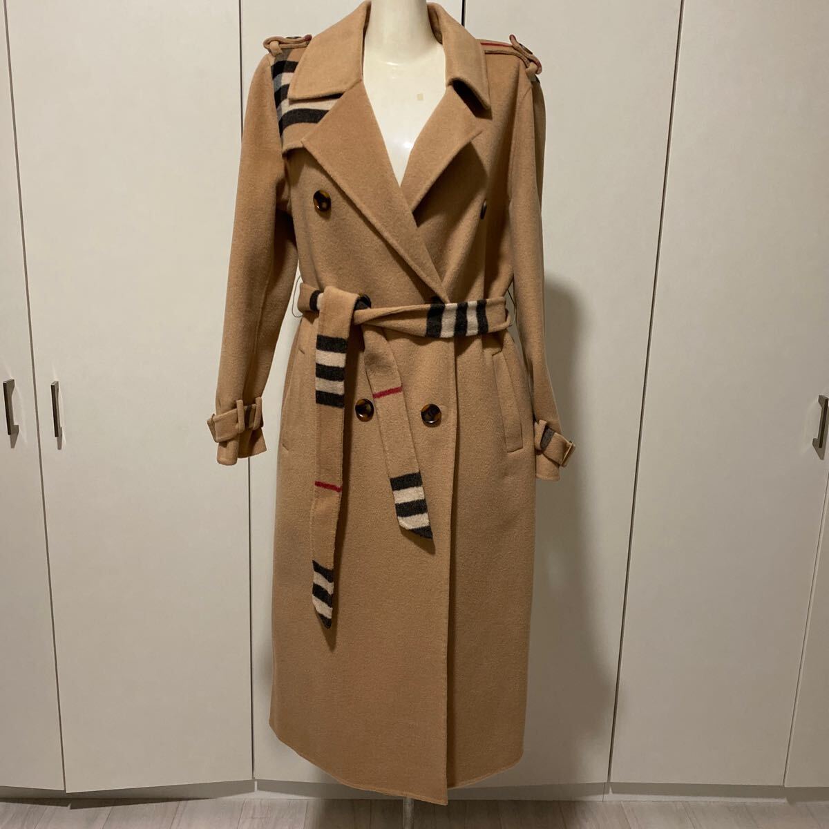 新品インポートチェック柄切替ウール100%ロングコート拍卖