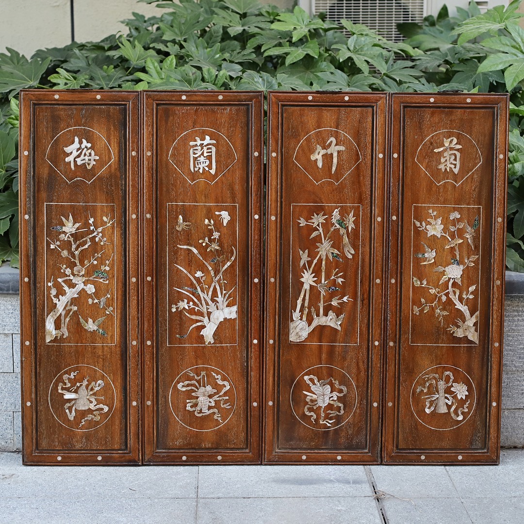 *珍品旧蔵* 花梨木 モザイク貝殻 梅蘭竹菊 四条屏幕 セット 希少珍品 K1106拍卖