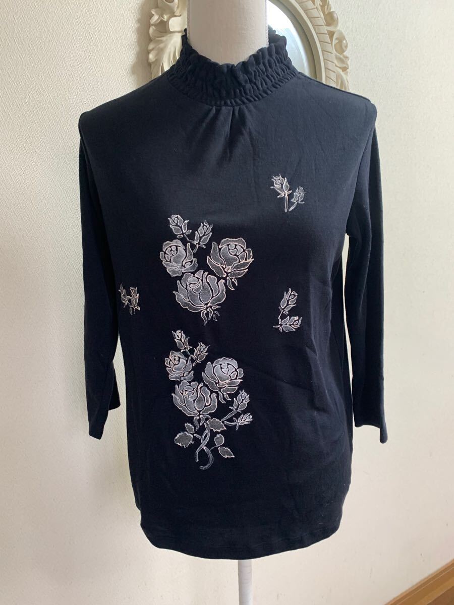 新品 MISS PARIS PLUS ラメ バラ柄刺繍 トップス 七分丈 カットソー 黒拍卖