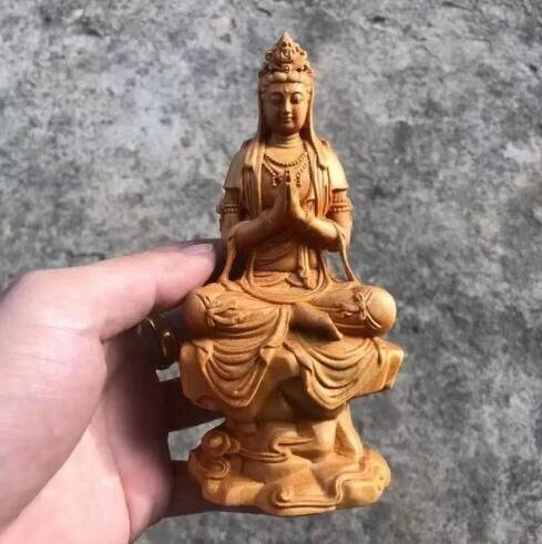 木彫 精密細工 木彫り 仏像置物 自在観音菩薩座像 合掌拍卖