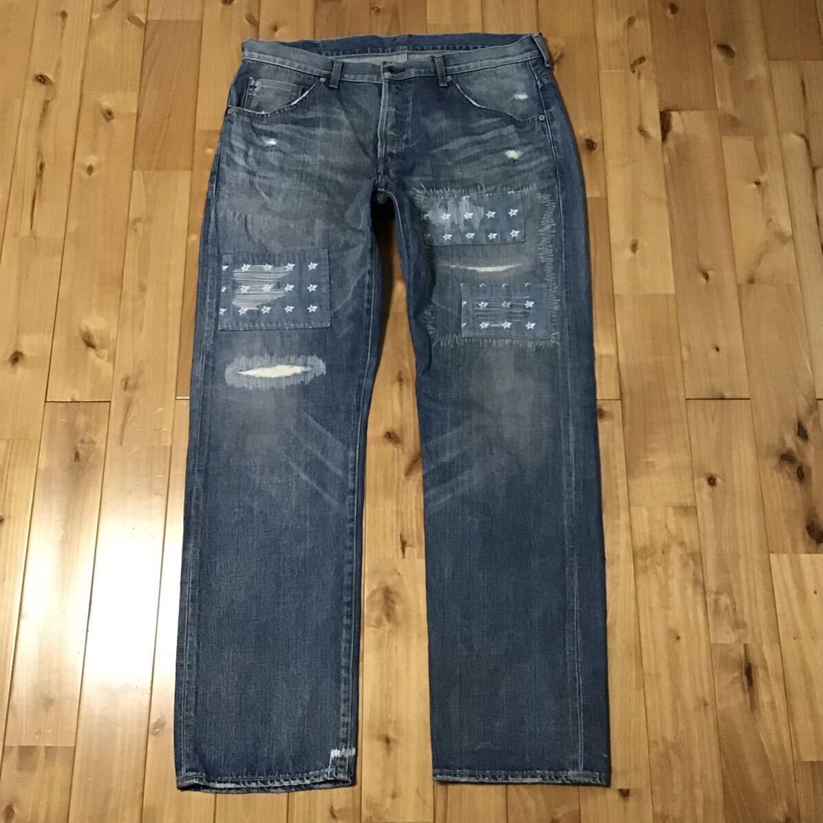 ★XL★ BAPE STA LOGO DAMAGED デニム パンツ a bathing ape star Denim Pants エイプ ベイプ アベイシングエイプ NIGO y33拍卖