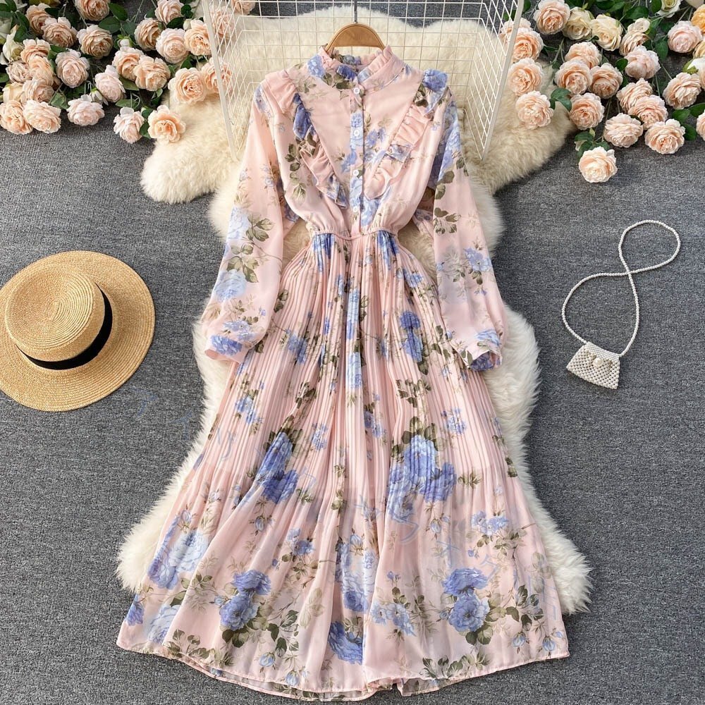 新品ワンピース 長袖 シフォンワンピース レディース 花柄 プリント ロング丈 ランタンスリーブ ビーチ 夏 爽やか 旅行 デート ピンク拍卖