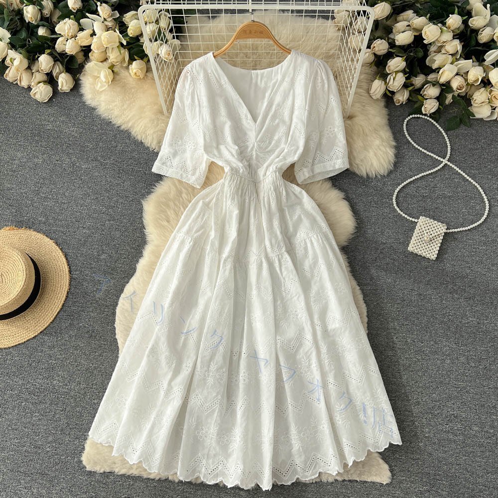 新品ワンピース レディース ロングドレス 華やかな花柄 総レース 刺繍 ナチュラル 無地 半袖 Vネック 女らしい 結婚式 春夏 白拍卖