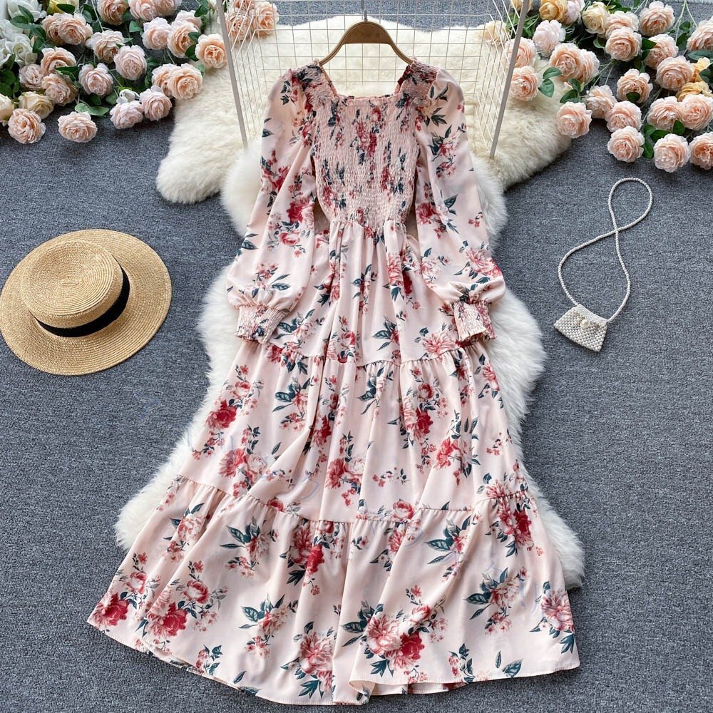 新品ワンピース 長袖 シフォンワンピース 花柄 プリント レディース ロング丈 ビーチ 夏 海 爽やか 着やせ 旅行 パーティー デート ピンク拍卖