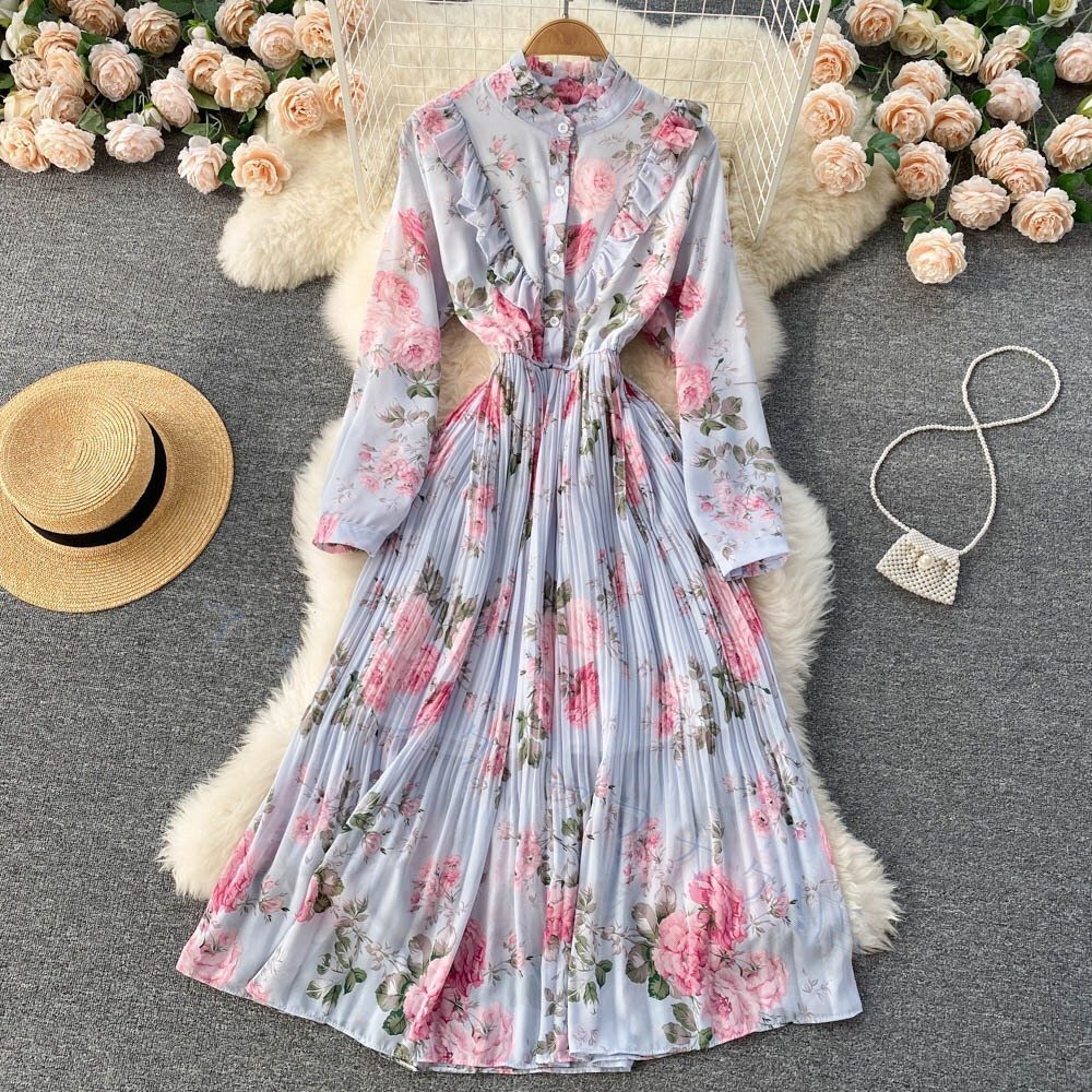 新品ワンピース 長袖 シフォンワンピース レディース 花柄 プリント ロング丈 ランタンスリーブ ビーチ 夏 爽やか 旅行 デート パープル拍卖