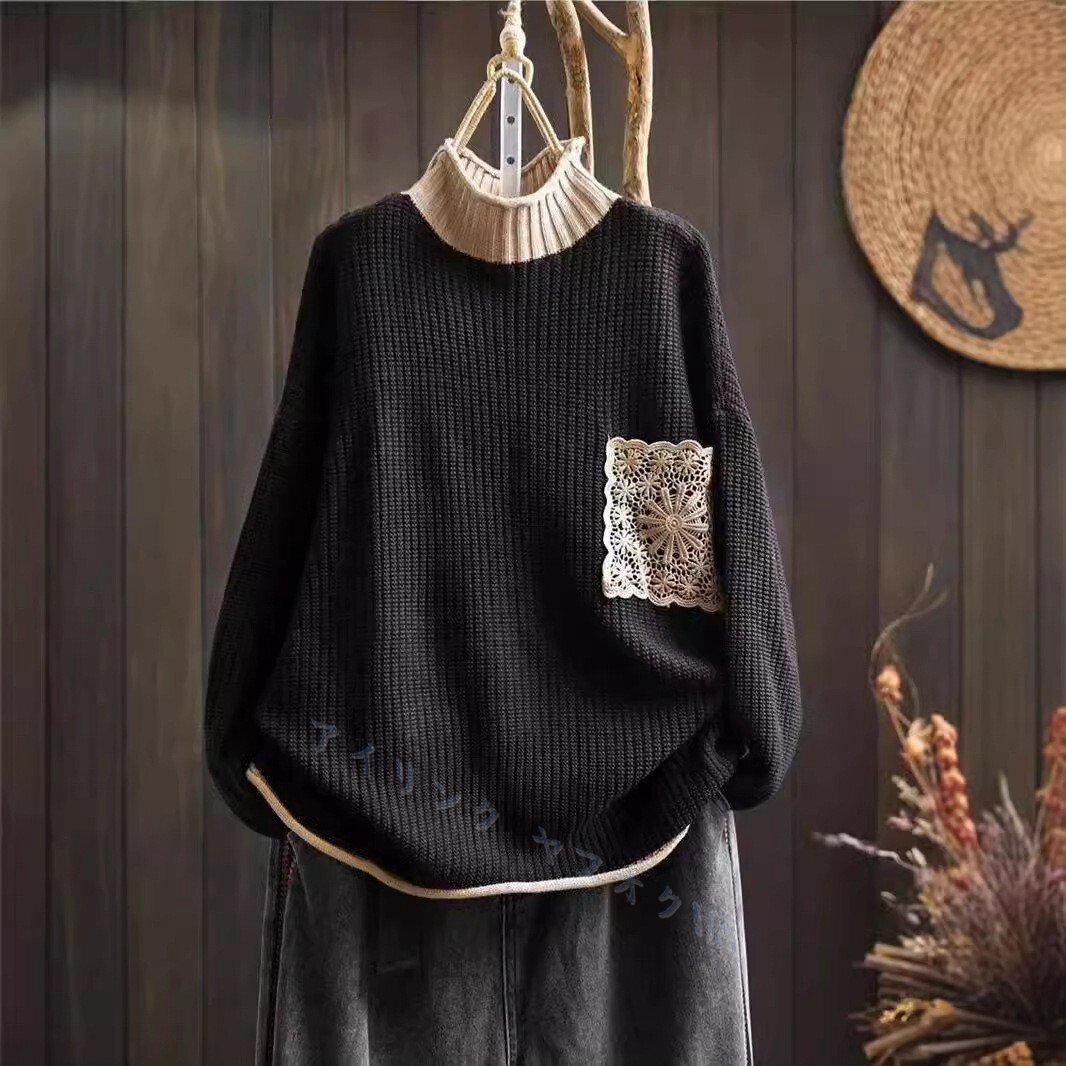 ☆新品秋ニット セーター チュニック フリーサイズ 綿100% 通勤着 普段着 ハーフネック ブラック拍卖