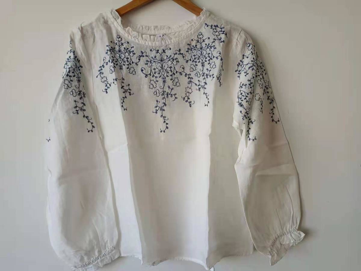 リネン 刺繍*カットソー レディース 超可愛い ゆったり 着痩せ 着心地良い 半袖 チュニック* フリーサイズ 白 YLH318拍卖