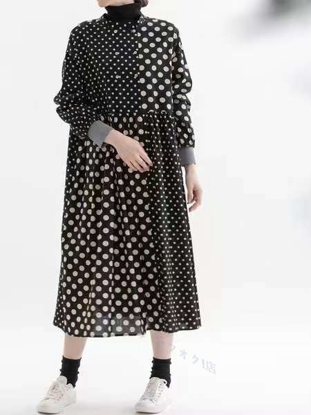☆新品ワンピース ドット柄 ゆったり ふんわり フリーサイズ ナチュラル 肌触り抜群 ブラック 綿100%拍卖