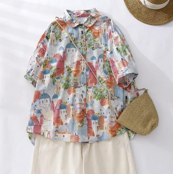 ☆新品カジュアル ゆったり 綿麻風 シャツ ブラウス 半袖 リネン プリント柄 トップス おしゃれ リネンブラウス 通勤 薄手 可愛い拍卖