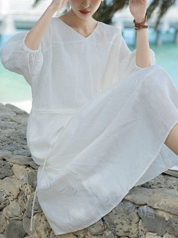 新品☆ワンピース チュニック ゆったり 麻100%リネン RINEN 刺花柄 フリーサイズ 大人可愛 ナチュラル 裏地付き ホワイト拍卖