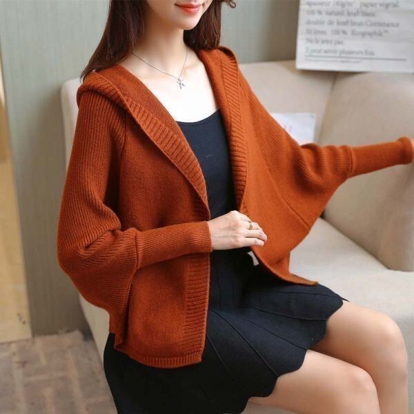 ニット カーディガン 長袖 ショート 無地 茶 フード リブ ドルマン カーデ コート アウター モモンガ 羽織り 秋冬 新品 YLH199拍卖