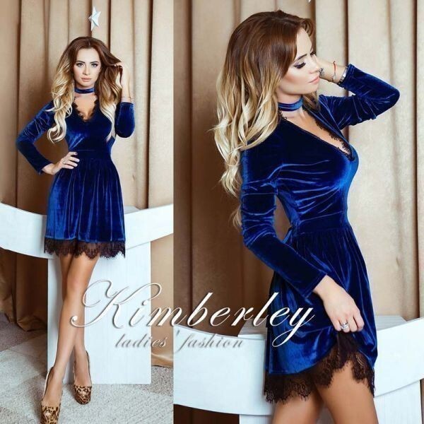 ワンピース 長袖 フレア ミニ M 紺 ベルベット チョーカーネック 袖あり レース ベロア ドレス セクシー 新品 YLH211拍卖
