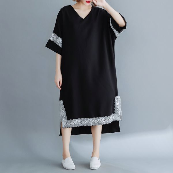 夏 新作 カジュアル 可愛い レース付き スリット ゆったり大きいサイズ 体型カバー 半袖ロングワンピースYWQ2053拍卖