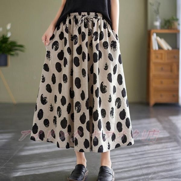 ☆新品サイズ選択可 春 ワイドパンツ ガチョウパンツ レディースボトムス 着やすい ゆったりプリント柄 綿麻混パンツ 黒拍卖