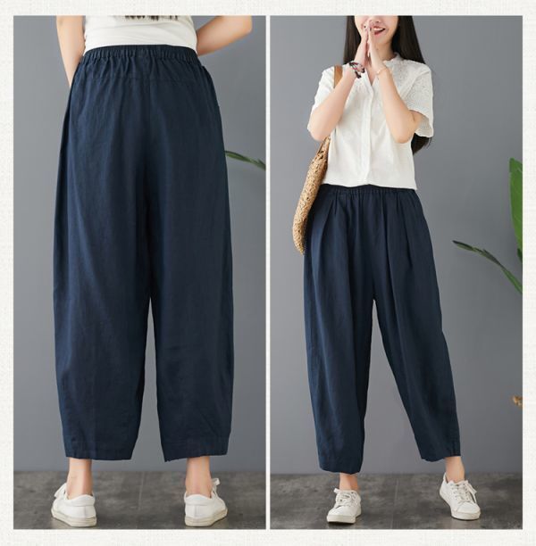 Fサイズ 新作 カジュアル 綿麻 無地 ナチュラル大きいサイズ ワイドパンツ レディースパンツ*ゆったりウエストゴム 紺色YWQ2002拍卖